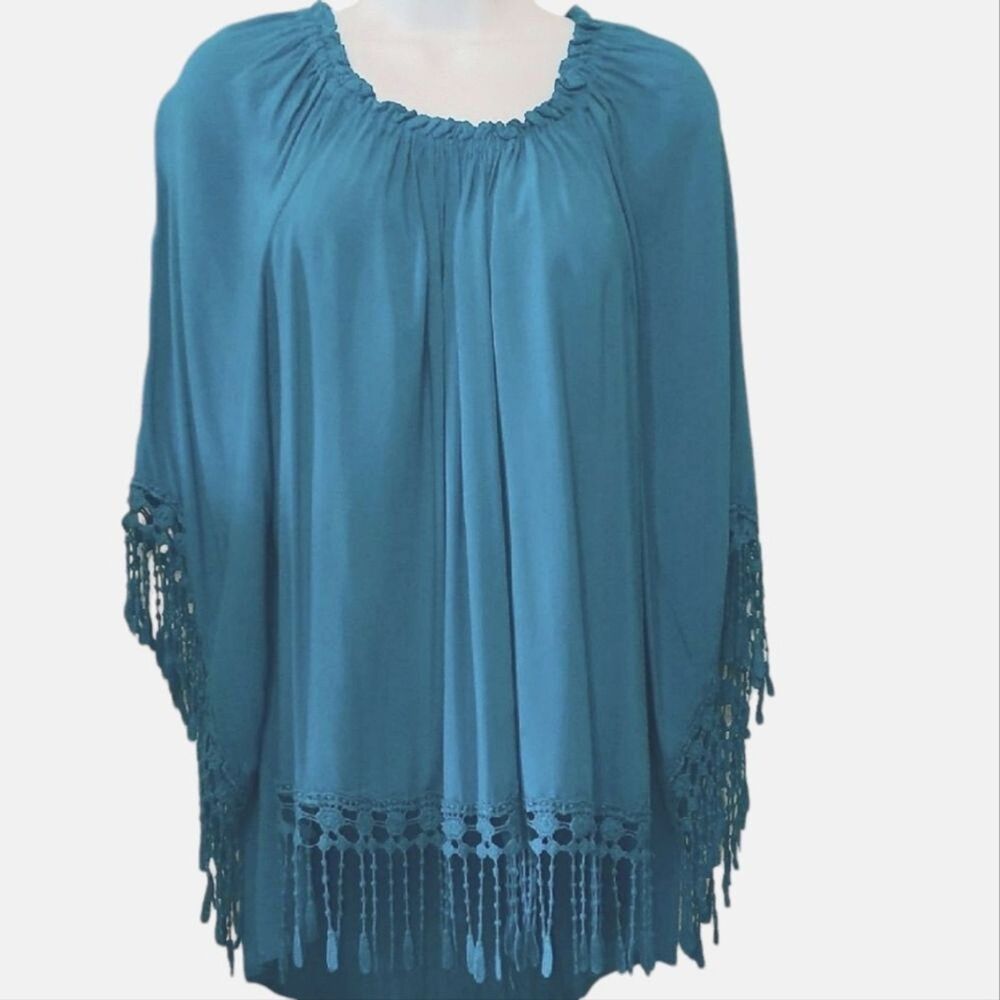 SPENSE Boho Oversized Loose Blouse Tunic Top Fringe Crochet Medium